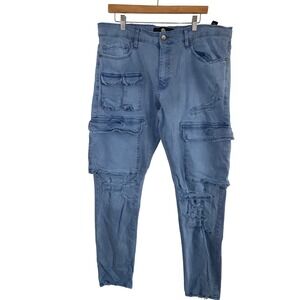 Jordan Craig Distressed Denim Cargo Pants Light Blue‎ Mens Size 38x34